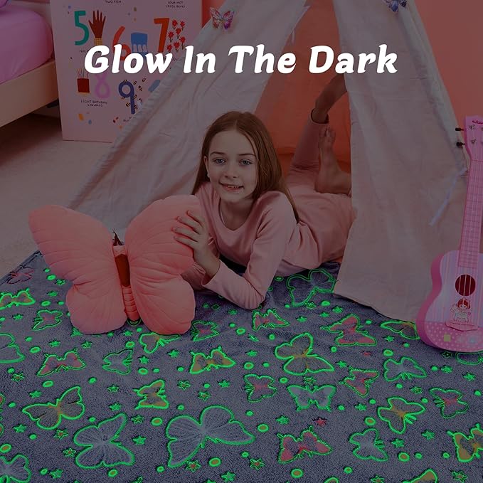 QSTEHEML Butterfly Glow in The Dark Blanket,Butterfly Gifts Toys for Kids Girls Age 3-12 Years Old, Birthday, for Daughter, Toddler, Teen, and Grandkids Soft Throw 50"횞60"