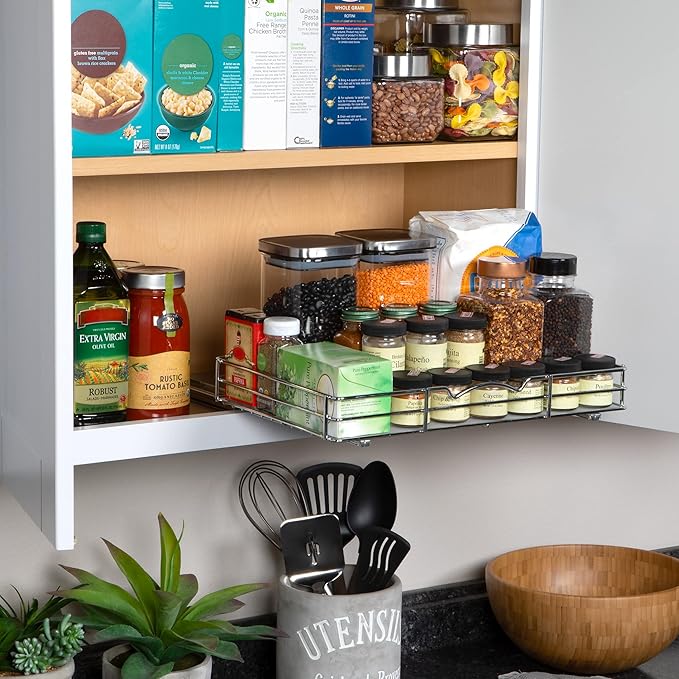 Pull Out Cabinet Organizer for Spices, Cans - Heavy Duty with Lifetime Limited Warranty- Pull Out Spice Rack- Cabinet Pull Out Shelf for Cans,Dishes, Etc, 16-3/8"Wx 10-1/2"D x 2-3/4??H, Chrome