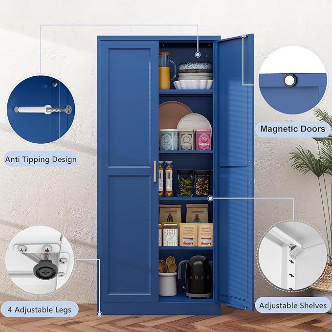 71??Metal Tall Kitchen Pantry Cabinet,Storage Cabinet with Doors and Adjustable Shelves,Modern Kitchen Hutch Cabinets,Freestanding Cupboard for Dining Room