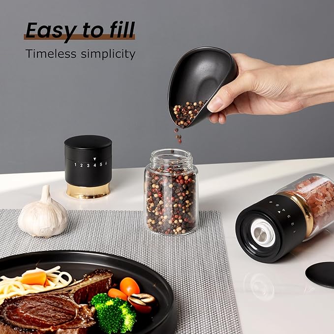 Gold Salt and Pepper Grinder Set with External Adjustable Coarseness Stainless Steel Sea Salt & Pepper Mill Set Ceramic Core Spice Grinder Refillable Glass Black and Gold Shaker Kitchen Accessories