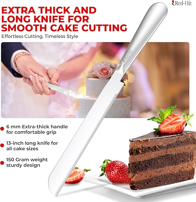 Elegant Silver Cake Knife and Server Set, Extra Thick Stainless Steel Cake Cutter and Cake Server with Bonus Forks & White Bows, Cake Cutting Set for Wedding, Birthday and Christmas Celebrations