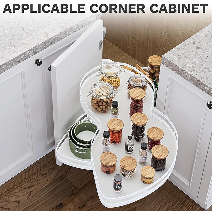 DWVO Corner Cabinet Organizer, 2-Tier Blind Corner Pull Out with 270째 Rotating Shelf, Right Swing Tray, Heavy-Duty Iron, Easy-Install Template, 32.7"x17.3"x21.3", White