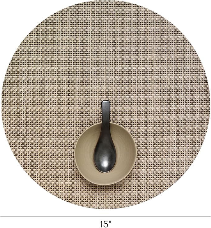 Chilewich Basketweave Placemats in Latte - Set of 4 - Easy Care Woven Tabletop Textiles - Indoor/Outdoor - 15" Round