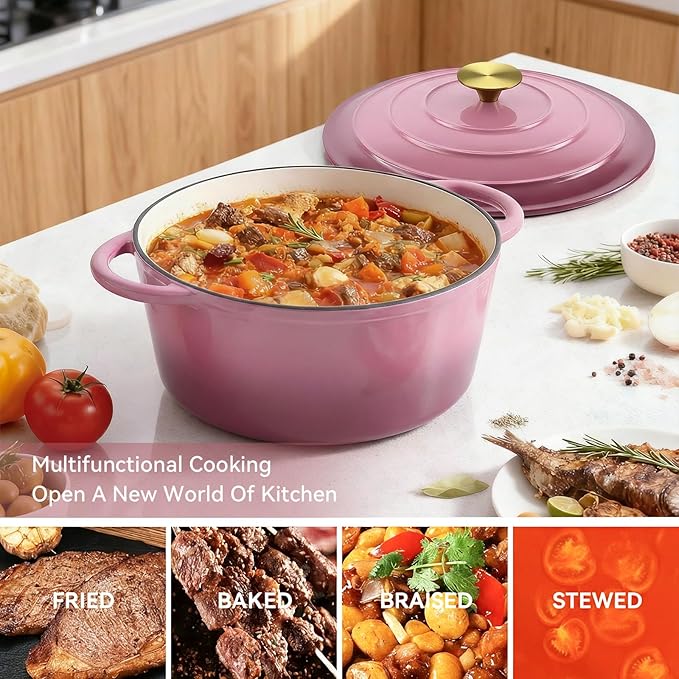 Miereirl 6 Quart Enameled Dutch Oven Pot with Lid, Cast Iron Dutch Oven with Dual Handles for Bread Baking, Cooking, Non-stick Enamel Coated Cookware, Rose