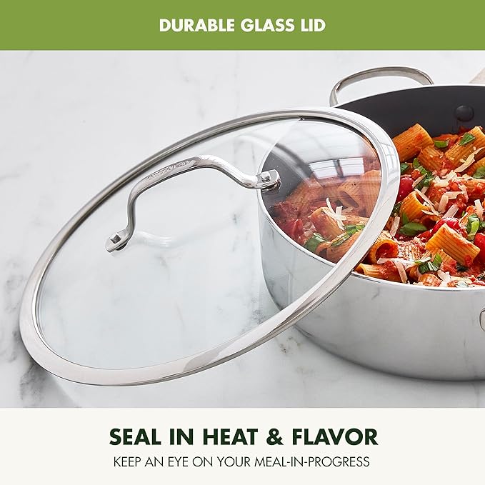GreenPan Valencia Pro Tri-Ply Stainless Steel 5QT Saut챕 Pan with Lid, Ceramic Nonstick PFAS-Free Coating, Multi Clad Cookware, Induction, Dishwasher Oven and Broiler Safe