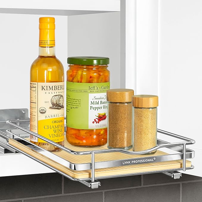 LYNK PROFESSIONAL짰 횋lite??Pull Out Spice Rack Organizer for Inside Kitchen Cabinets - 8-3/8 inch Wide - Slide Out Drawer ??Wood/Chrome Sliding Spice Cabinet Organization Shelf Racks - 1 Tier