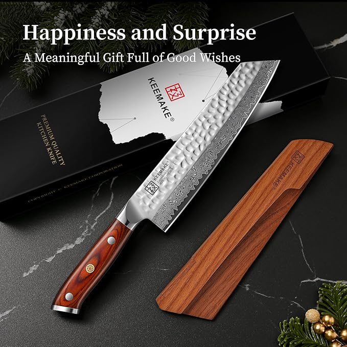 KEEMAKE Kiritsuke Chef Knife 8 Inch, Damascus Kitchen Knife Professional Gyuto Knives, Ultra Sharp Cooking Knives with Ergonomic Pakkawood Handle & Ash Sheath