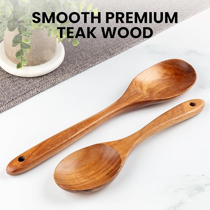 Zulay Kitchen Teak Wood Utensil Set ??2 Piece Large and Small Wooden Cooking Spoons, Handcrafted Natural Teak Wood Kitchen Utensils, Durable, Nonstick Safe & Smooth Finish