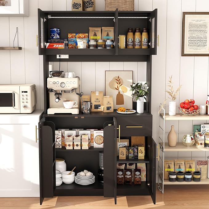 Kitchen Hutch Storage Cabinet: 71" Tall Black Pantry Cabinet with Microwave Shelf, Shaker Style Food Storage Cabinets with Doors and Countertop, with Lights and Charging Station (Black)