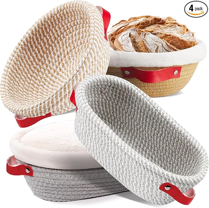 Cotton Rope Banneton Bread Proofing Basket 10 Inch Oval & 9 Inch Round Banneton Basket Set of 4 Sourdough Bread Baking Supplies with Liner & Cover