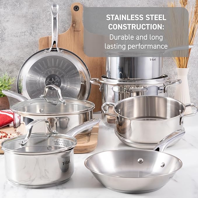T-fal Stainless Steel Cookware Set, 11 Piece, Induction Cookware, Oven Safe to 500째F, Kitchen Cooking Set w/Fry Pans, Pots and Pans, Dutch Oven, Saucepans, Kitchen Essentials, Silver