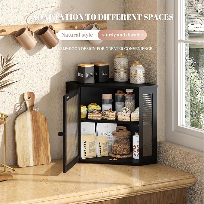 Corner Bread Box Kitchen Countertop Extra Large Capacity Farmhouse Bread Box, Corner Countertop Storage, Double Layer Bread Holder (Black, Large)