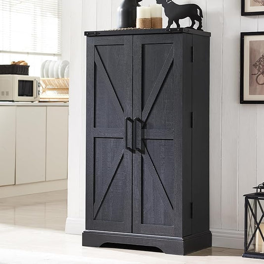ACCOHOHO 47" Kitchen Pantry, Farmhouse Storage Cabinet with Barn Doors, Organizer and Adjustable Shelves, Rustic Wood Cupboard for Kitchen, Dining Room, Bathroom and Hallway, Black