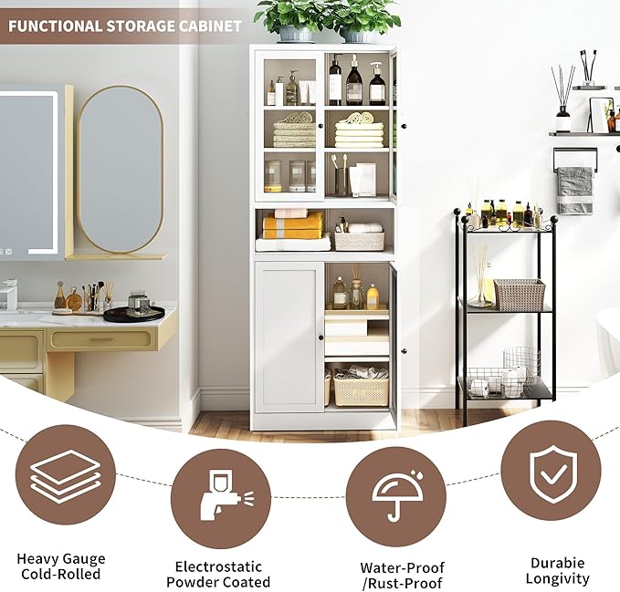 Kitchen Pantry Cabinet with Microwave Stand, 72" Tall Kitchen Hutch Storage Metal Pantry for Kitchen Dining Room Living Room Bathroom,Assembly Required (White)