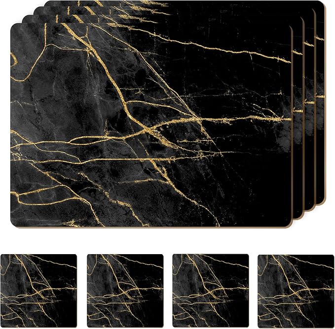 Moderry Set of 4 Heat Resistant Cork Placemats for Dining Table with Free Set of 4 Matching Drink Coasters Marble Design 16 x 12 Inches Cork Backed Hard Placemats (Black & Gold)