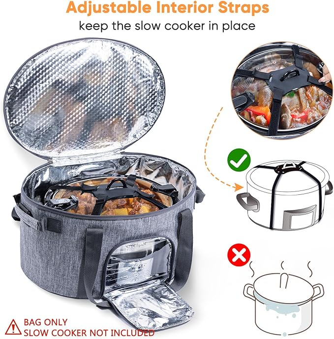 Double-Layer Slow Cooker Carrying Bag for 6-8 Quart CrockPot and Hamlton Beach Slowcooker, Travel Bag with Lid Fastener for Crock-pot, Portable Carrier with See-throught Window(BAG ONLY)
