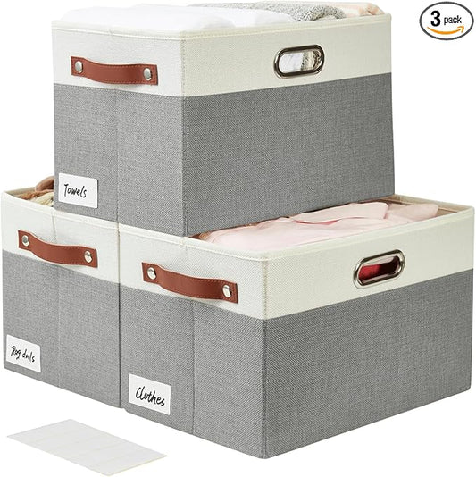 Bagnizer Large Collapsible Fabric Storage Bins with 3 Handles, Foldable Organizer Baskets for Closet, Shelves, Living Room | 3 Pack, Durable PU & Metal Handles (14.9"x9.8"x9.8", Gray & White)