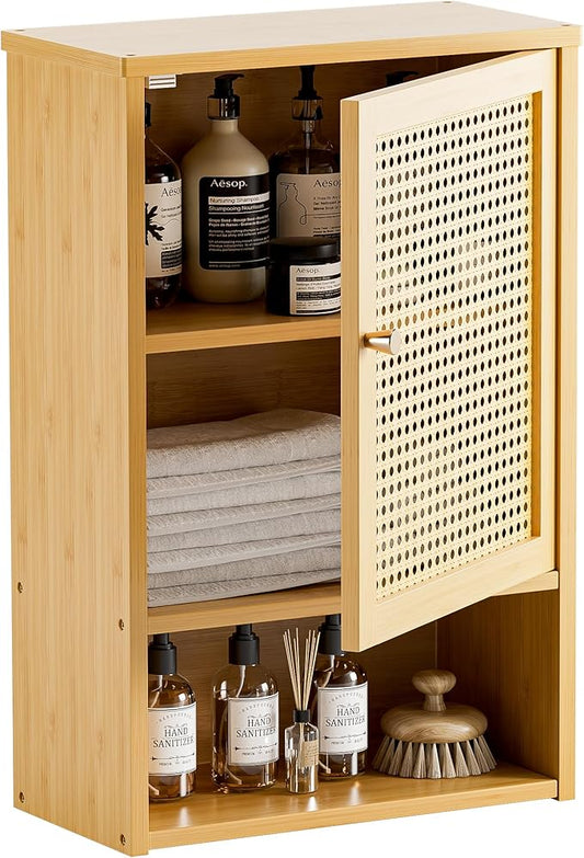 HITNET Bathroom Wall Cabinet, Rattan Medicine Cabinet, Bamboo Hanging Storage Organizer Over The Toilet with Adjustable Shelf for Living Room, Kitchen, Hallway(Natural)