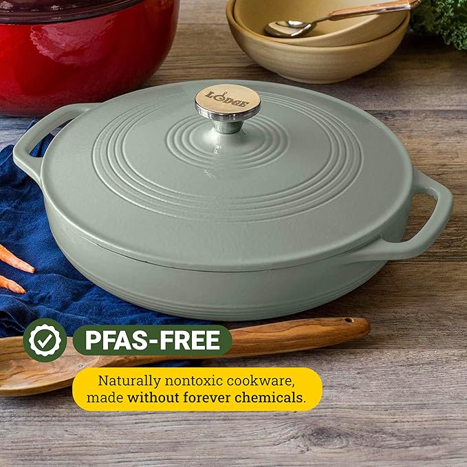 Lodge 3.6 Quart Enameled Cast Iron Covered Casserole with Lid ??Dual Handles ??Oven Safe up to 500째 F or on Stovetop - Use to Marinate, Cook, Bake, Refrigerate and Serve ??Desert Sage