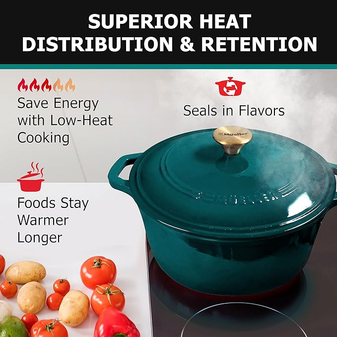 Mueller DuraCast 6 Quart Enameled Cast Iron Dutch Oven Pot with Lid, Heavy-Duty, Oven Safe up to 500째 F & Across All Cooktops, Wedding Registry Ideas & Gifts, Emerald