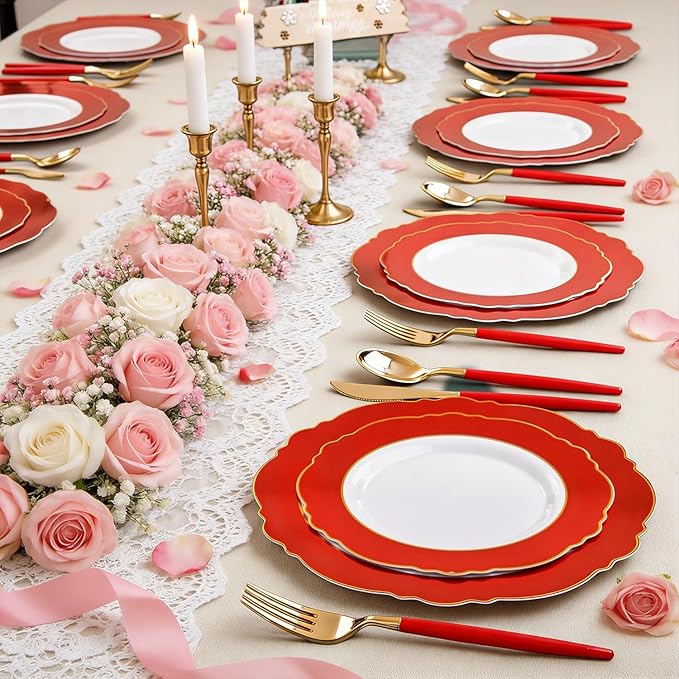 WDF 60pcs Red Christmas Plastic Plates Disposable - 7.5inch Heavy Duty Red Dessert/Salad/Cake Plates for Valentine's Day