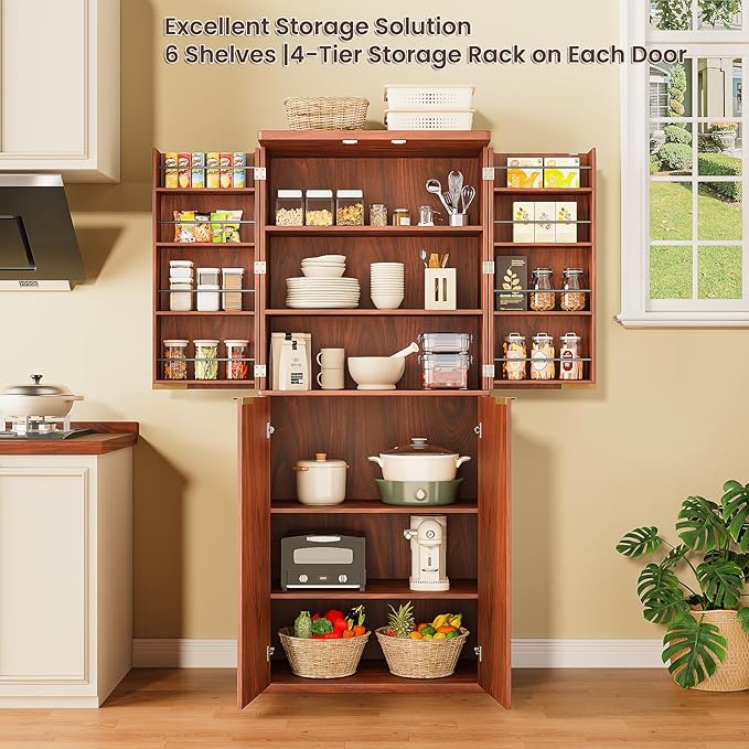 KEIKI 72" Tall Kitchen Pantry Wood Storage Cabinet with 6 Door Shelves Organizer Modern Fluted Cupboard for Kitchen