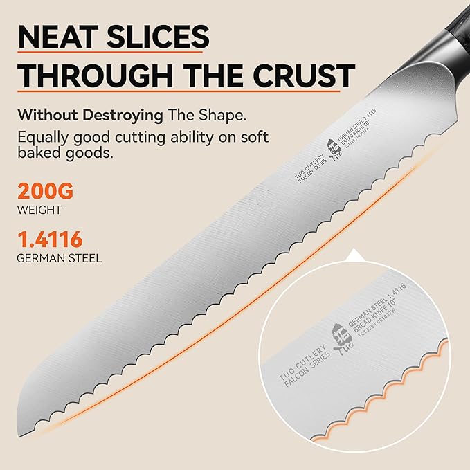 TUO Bread Knife, 10 inch Upgraded Serrated Knife for Homemade Sourdough Bread, High Carbon German Steel with Ergonomic Handle, Gift Box - Falcon Series