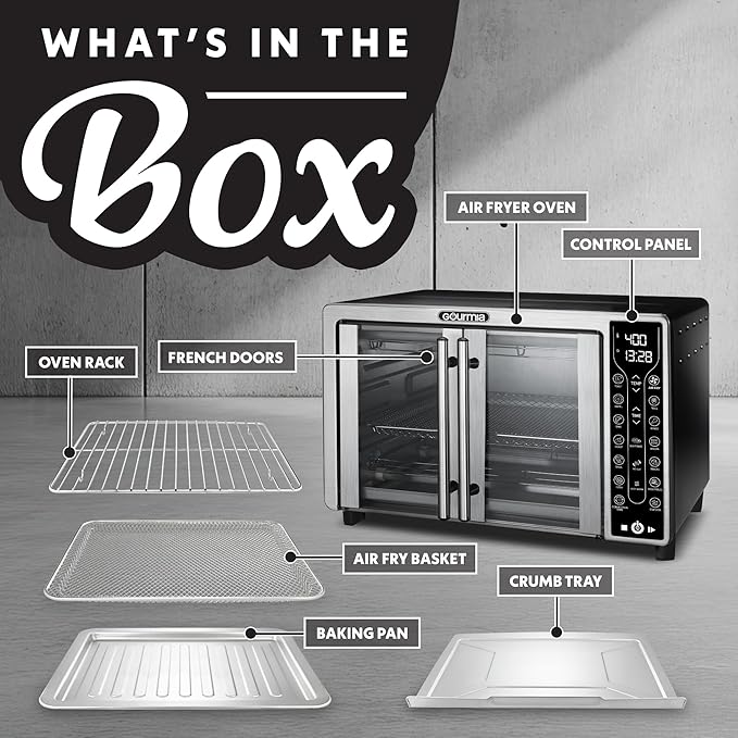 Gourmia French Door Air Fryer ??25 Qt Large Capacity Convection Oven, Fryfroce 360째, Digital Display with 17 Cooking Presets, Bake, Toast, Roast, Dehydrate, Fits 12??Pizza