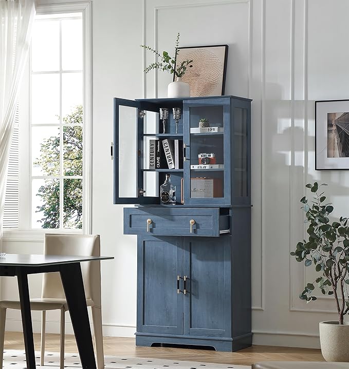 71'' Tall Pantry with Great Showcase&Storage, Pantry Cabinet with Glass Doors for Display,Removable and Adjustable Shelves for conveninet Storage, for Kitchen, Blue