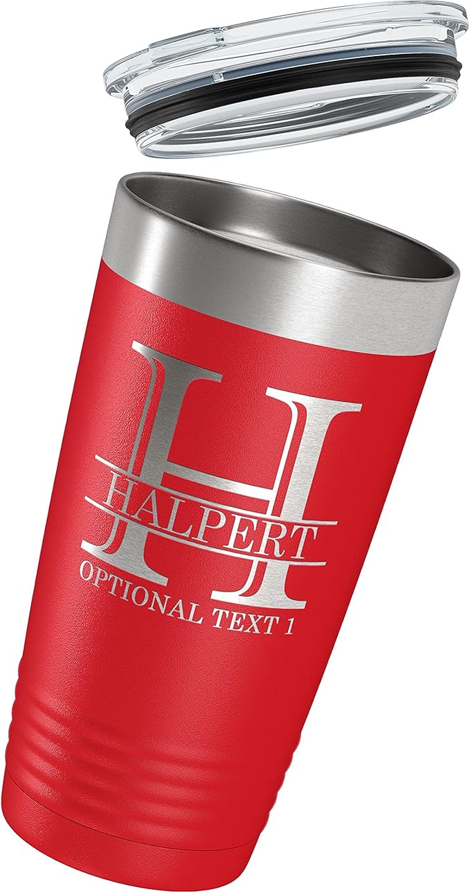 Personalized 20oz (17 Colors) Powder Coated Insulated Stainless Steel Tumbler with Lid, Custom Etched, Customized Engraved Gift Idea for Women Men Her Him, Halpert Monogram Initial Name (Red)