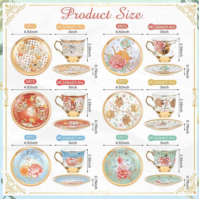Set of 36 Tea Cups and Saucers Tea Party Decorations Floral Porcelain 5.4 oz British Gift for Women Birthday Party, Church, and Mother's Day (Stylish Style)