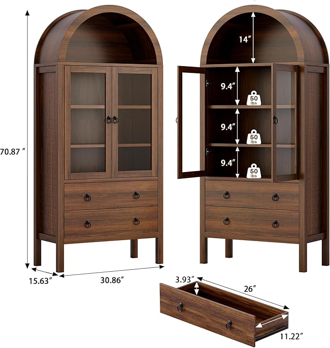 Arched Cabinet, 71" Tall Wooden Storage Cabinet, Arched Bookshelf with Glass Doors and Drawer for Living Room, Kitchen, Dining Room (Brown)