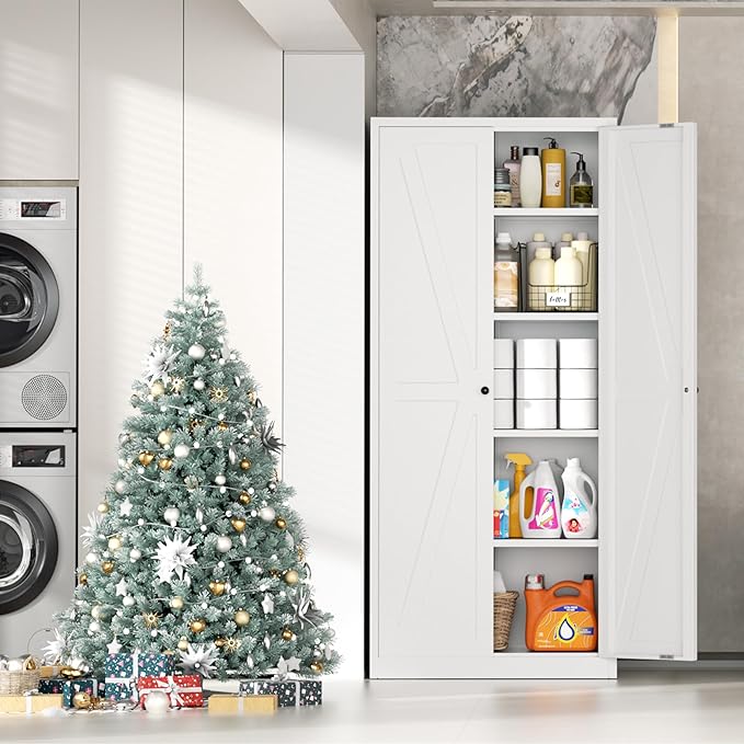 INTERGRAET 63" H Pantry Cabinet, Kitchen Pantry Storage Cabinets with 2 Doors and 4 Shelves, White Metal Storage Cabinet,Cupboard for Home,Kitchen,Living Room/Dining