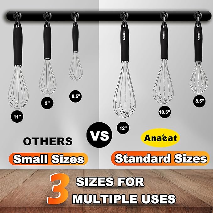 3 Packs Stainless Steel Whisk Set - Balloon Whisk, Anaeat Thick Stainless Steel Wire 竊?Strong Handles, Egg Beater for Cooking, Blending, Whisking, Beating and Stirring (9"+11"+12")