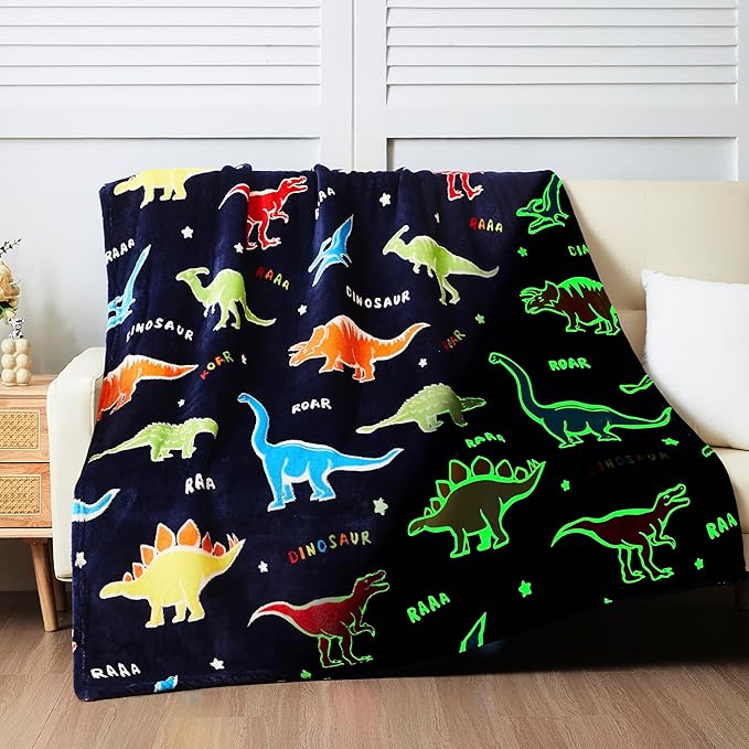 QSTEHEML Dinosaur Glow in The Dark Blanket,Dinosaur Gifts Toys for Boys Age 3 4 5 6 7 8 9 10 11 12 Year Old, Soft Throw Blanket for Kids Boys- Christmas Birthday Bedroom Decor 50"횞60"