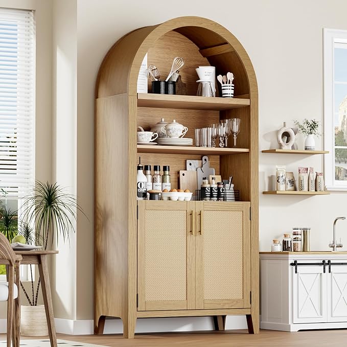 Arched Kitchen Pantry for, 63" Tall Wooden Entryway Storage Cabinet with 2 Doors & 5 Tier Adjustable Shelves, Versatile Farmhouse Hallway Organizer for Entryway, Bedroom, Dining Room