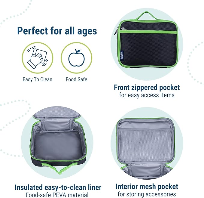 Wildkin Kids Insulated Lunch Box ??Durable and Reusable for School & Travel - Rip-Stop Black/Green