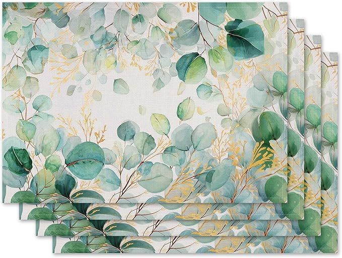 Jauageon Green Eucalyptus Leaves Placemat Set of 4 Spring Plants Placemats Spring Summer Table Mats for Indoor Outdoor Home Party Kitchen Dining Decor Farmhouse Burlap Table Mats 12x18 Inch