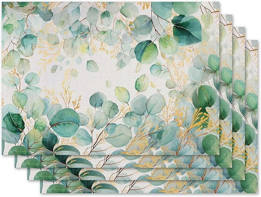 Jauageon Green Eucalyptus Leaves Placemat Set of 4 Spring Plants Placemats Spring Summer Table Mats for Indoor Outdoor Home Party Kitchen Dining Decor Farmhouse Burlap Table Mats 12x18 Inch