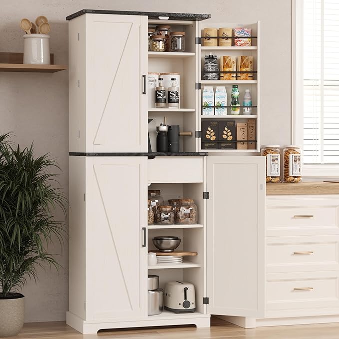COSIEST 72'' Kitchen Pantry Cabinet, Tall Storage Cabinet with Organizer, Drawer and Adjustable Shelves, Freestanding Cupboard, Storage Cabinets for Kitchen, Dining Room, Bathroom, Off White
