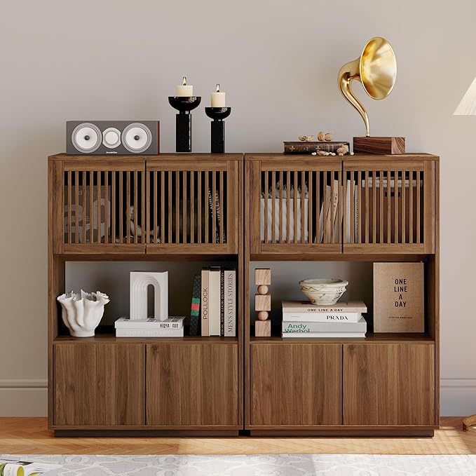 NessCarsti 33.46" Mid-Century Modern Wooden Storage Cabinet, Freestanding Buffet Sideboard with Grille Striped Doors, Open Shelf and Enclosed Compartments, Walnut for Dining Room, Kitchen, Living Room