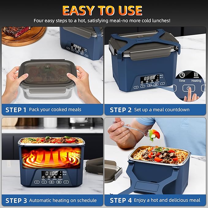 Cordless Electric Lunch Box, 1.2L Self Heating Lunch Box Battery Powered with Automatic Heating, BPA Free, Meal Prep Friendly, Portable Food Warmer for Work, Construction, Truck & Travel (Blue)