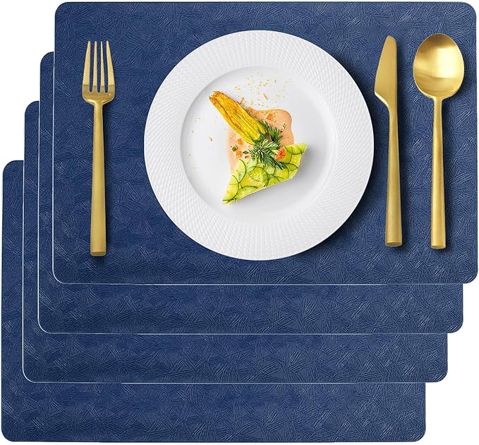 Uolr Vinyl Placemats Set of 4 Faux Leather 100% Waterproof Wipeable Washable Place Mats Heat Resistant Easy Clean Non-Slip Table Mats for Indoor Outdoor. (4,Blue)
