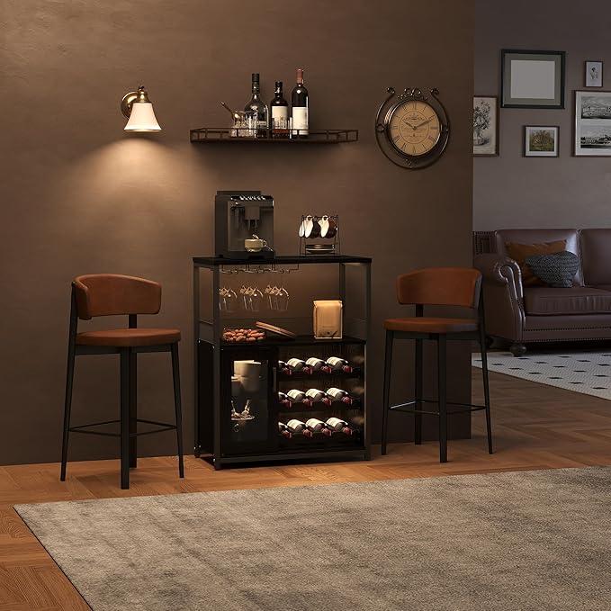 Vintage Industrial Wine Bar Cabinet with Adjustable Wine Racks and Glass Holders, Mesh Door Sideboard Storage Cabinet for Living Room, Kitchen, Dining Room, Compact Design, Black with Light