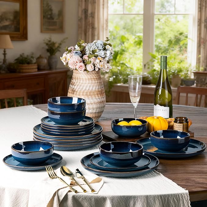 GBHOME Ceramic Dinnerware Sets for 4, 12 Pieces Stoneware Plates and Bowls Sets, Scratch Resistant Dishes, Dishwasher & Microwave Safe, Reactive Glaze-Deep Sea