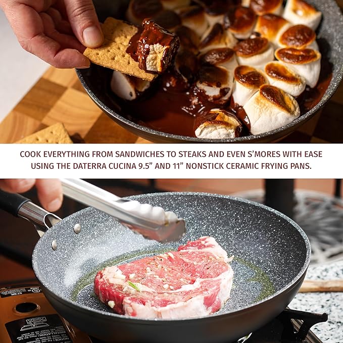 DaTerra Cucina Nonstick 2-Piece Induction Frying Bundle ??9.5" Ceramic Fry Pan & 11" Ceramic Frying Pan with Lid ??Oven & Induction Safe, Nonstick Cookware, PTFE & PFOA Free - Made in Italy, Black