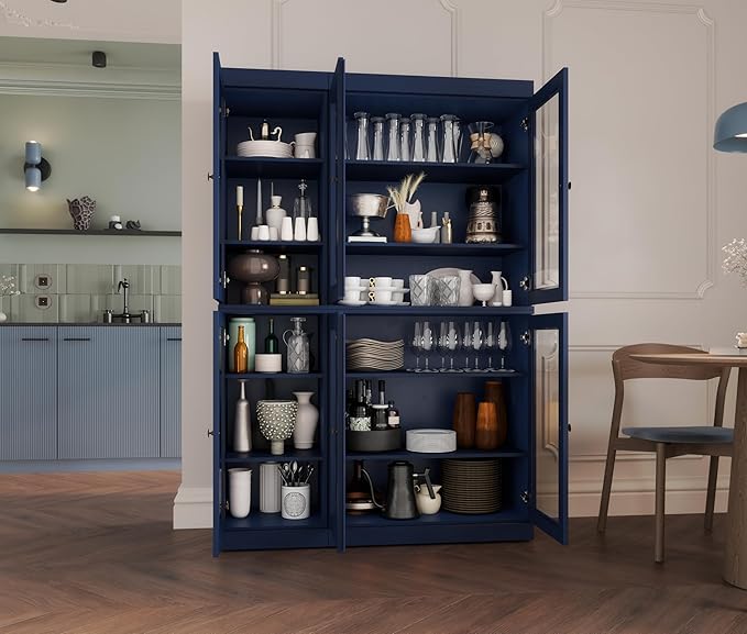 Palace Imports 100% Solid Wood 48.5" Pantry China Cabinet with Clear Glass Doors and Adjustable Shelves (Navy Blue)