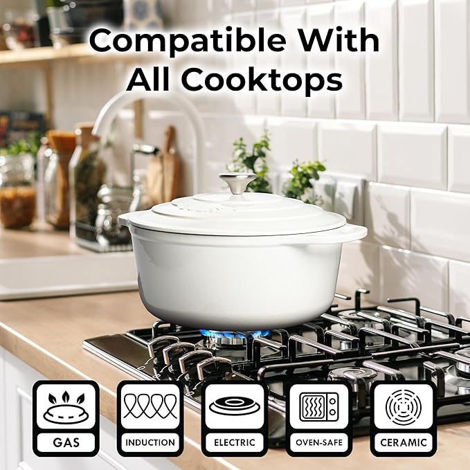Zulay Kitchen 6 Quart Enameled Cast Iron Dutch Oven Pot with Lid ??Premium Durability & Oven Safe up to 500째F ??Heavy Duty Cookware Perfect for Bread Baking, Stews, Braising & Roasting ??White