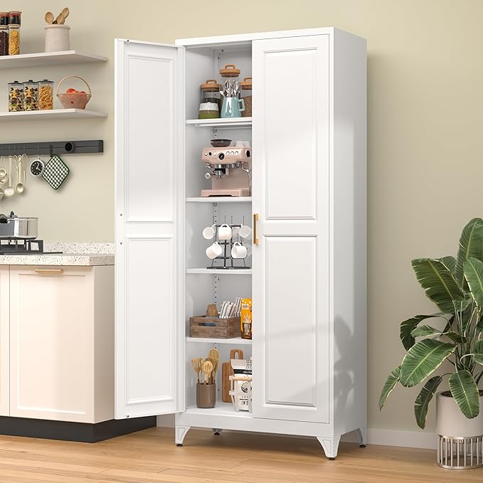 75??Metal Tall Kitchen Pantry Cabinet,Metal Storage Cabinet with Doors and Adjustable Shelves,Modern Kitchen Hutch Cabinets,Freestanding Cupboard for Dining Living Room