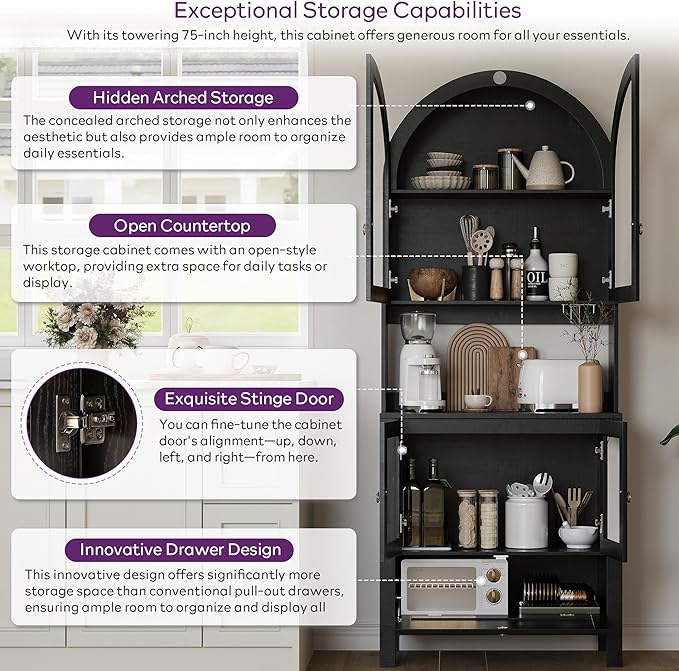 TYBOATLE 75'' Tall Arched Pantry Cabinet w/Accessible Storage Area, China Cabinet w/Anti-Tipping Device and Innovative Drawer, Versatile Cupboard for Kitchen, Dining (Black)